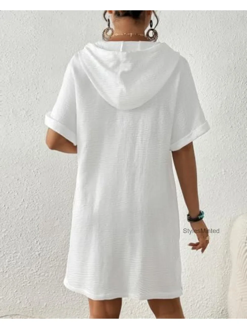 Women's Hooded Swim Cover Up Shirt Beach Dress Button Down Short Sleeve Pockets